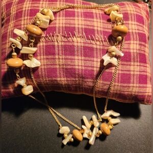 Women's Gold Necklace with wood n shells, approx Length 30"